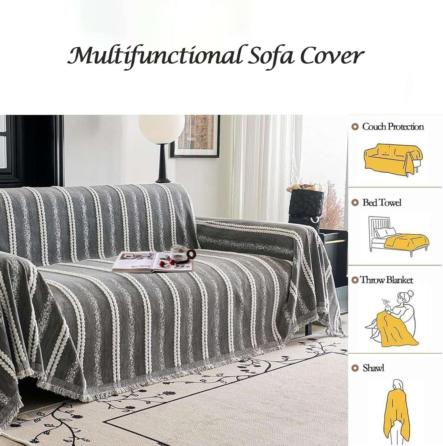 Couch Cover for Dogs Washable Sofa Cover, Sectional Couch Covers, Sofa Covers for 2 Cushion Couch, Non Slip Stripe Sofa Slipcovers Furniture Protector, Couch Protector from Cat Claws, Grey,75''x134''