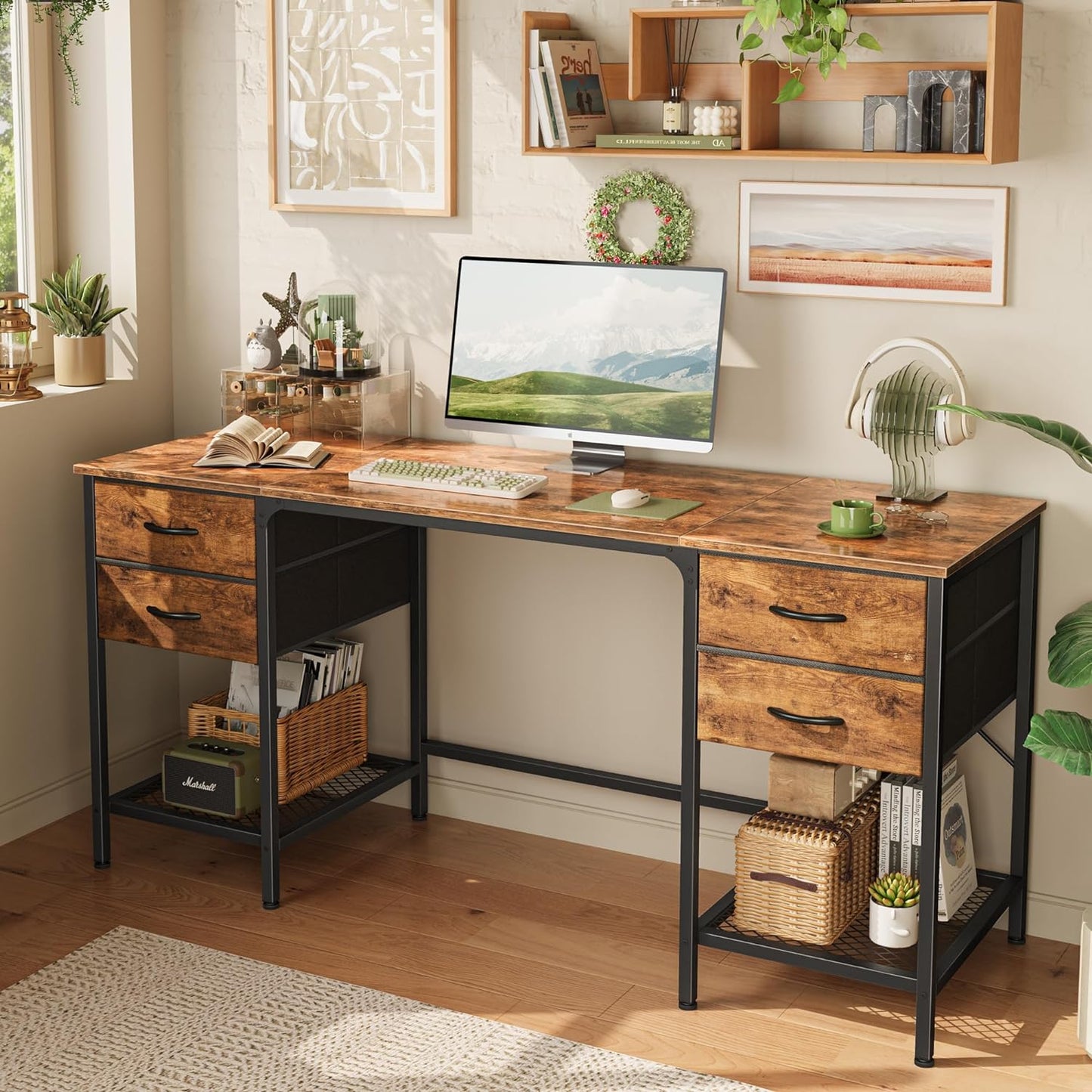 Huuger 63 Inch Computer Desk with 4 Drawers and Mesh Shelf, Gaming and Work Desk for Home Office, Study, Bedroom, Work from Home, Rustic Brown