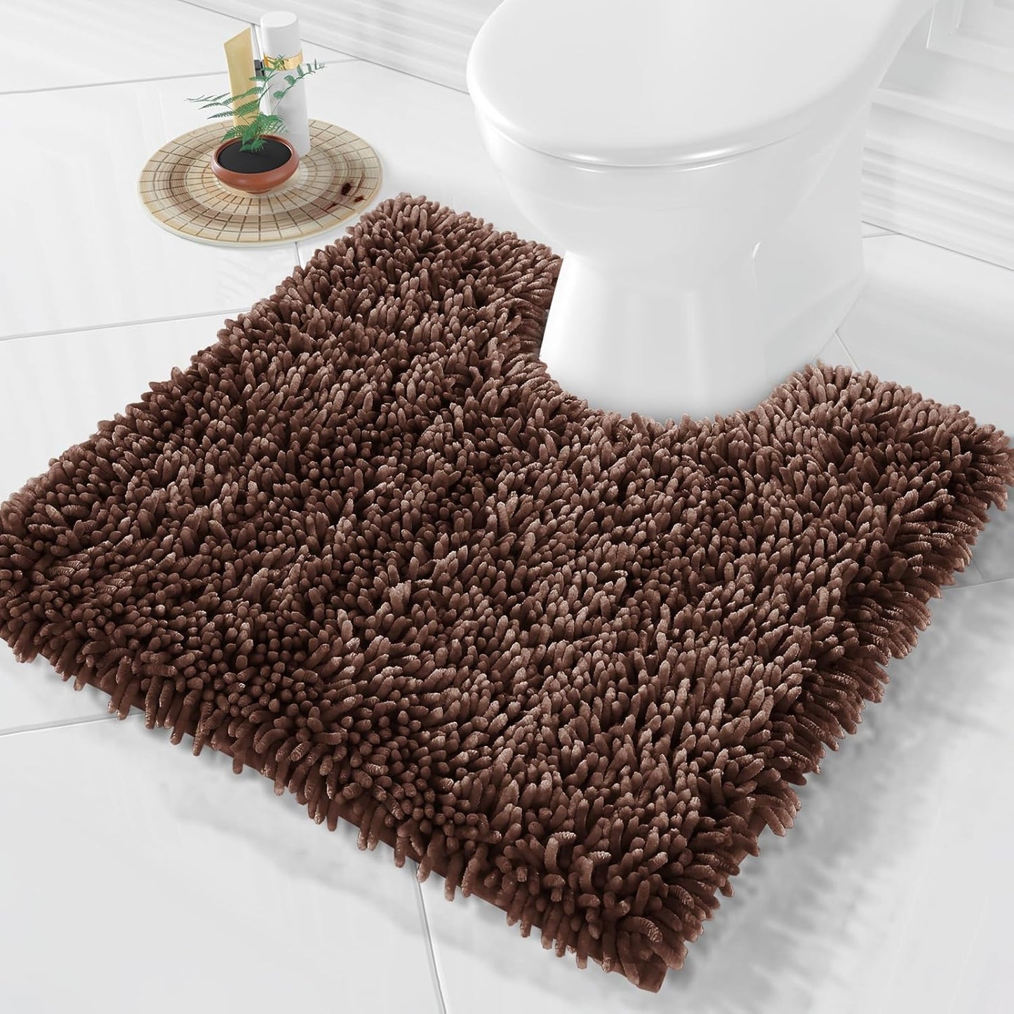 Yimobra Toilet Rugs U Shaped Washable, Extra Thick Soft Absorbent Chenille Contour Bathroom Rugs for Toilet 24x24 Inch, Quick Dry Non Slip Toilet Mat for Bath Floor, Brown