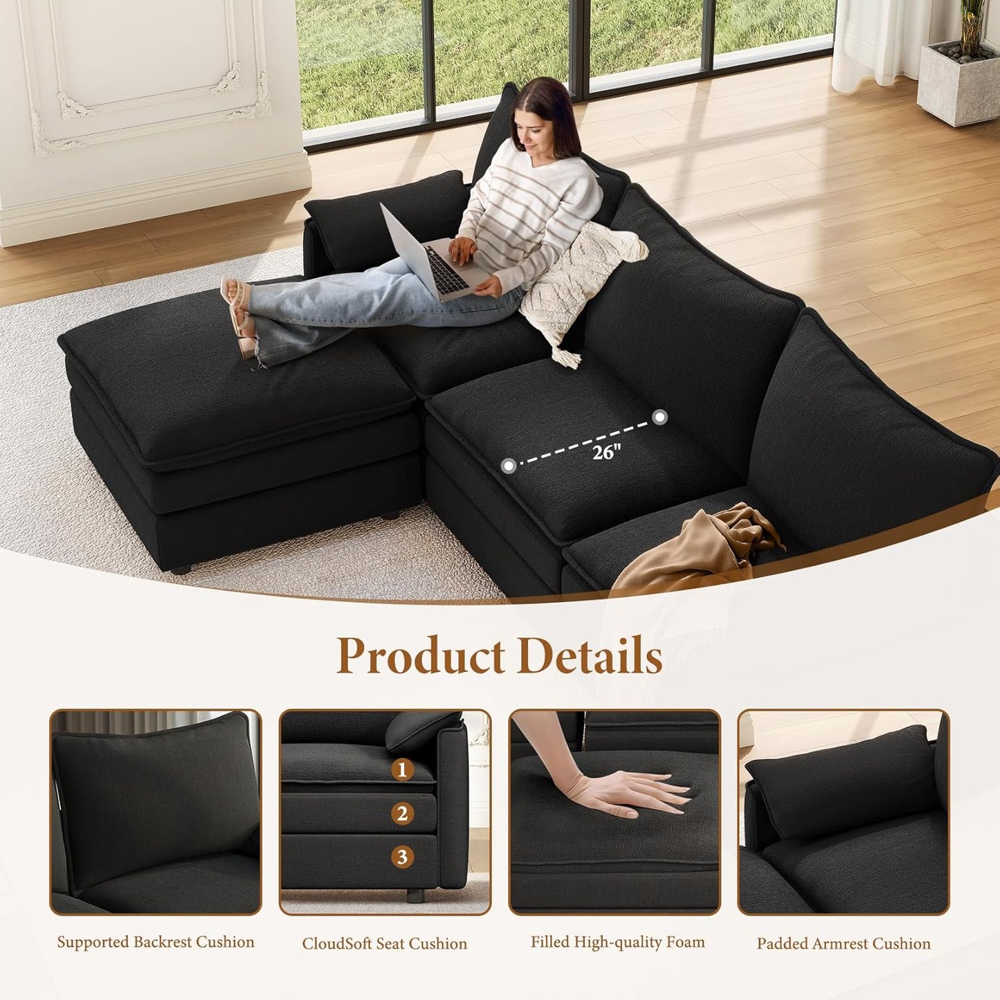 Vesgantti 142" U Shaped Sectional Couch, Comfy Cloud Modular Sectional Sofa with 2 Ottoman Deep Seat Chenille Modern Cloud Sofa, Modular Sofas for Living Room, Bedroom and Apartment, Black
