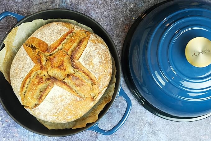 Crucible Cookware Enameled Cast Iron Bread Pan, Sour Dough Artisan Bread Oven – Dark Teal Blue – Round 26 cm, 6.25 L (6.6 qt) – Boule Pan with a Deep Lid for Steam Baking