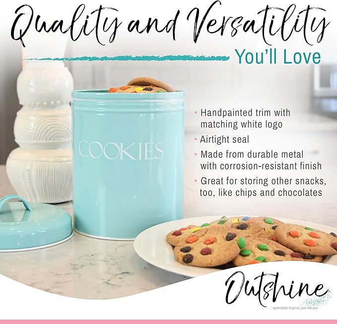 OUTSHINE Cookie Jars for Kitchen Counter | Farmhouse Mint Cookie Jar with Airtight Lids | Vintage Metal Cookie Container | Sweet Cookie Jar for Countertop