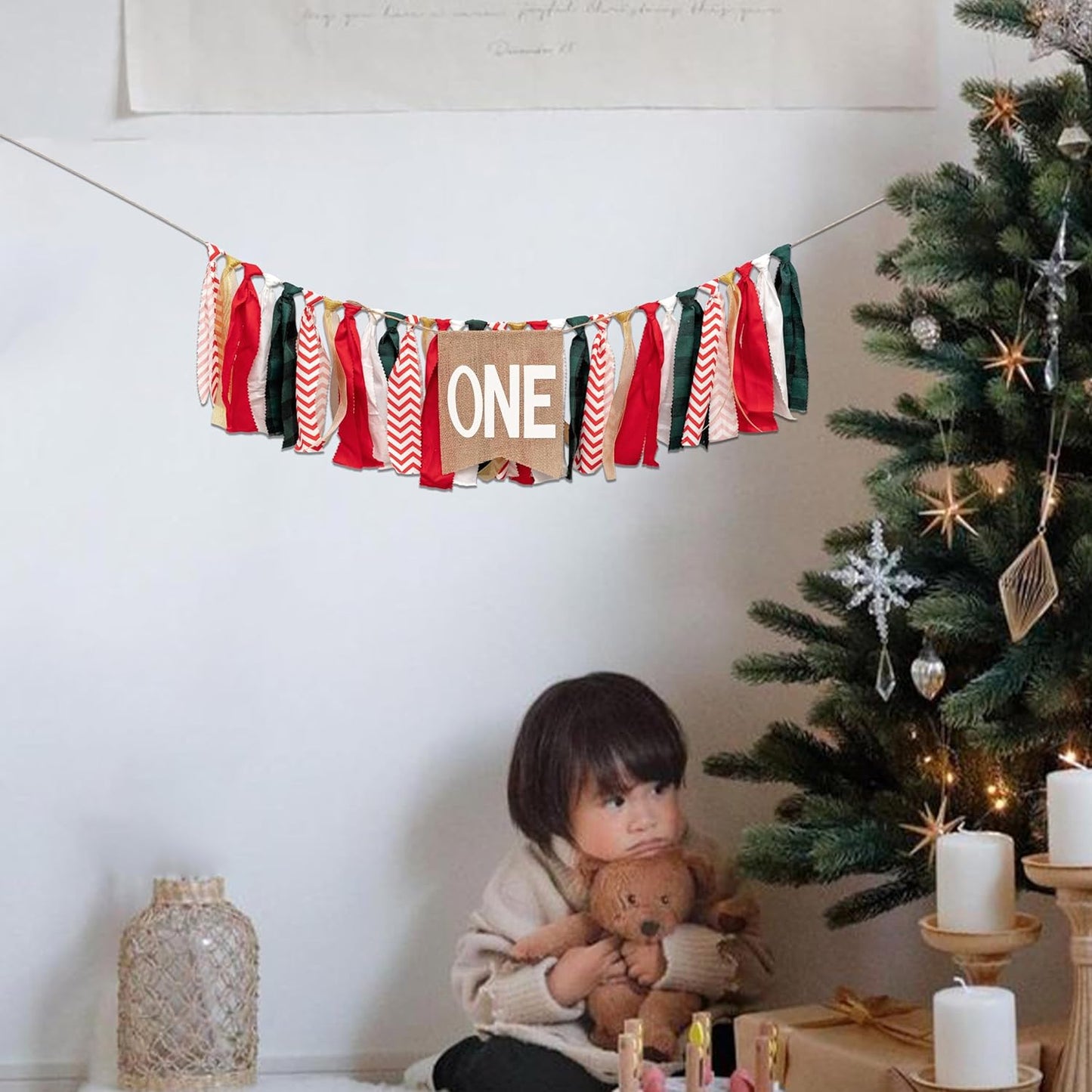 Christmas High Chair Banner for 1st Birthday - Red and Green One High Chair Banner, 1st Birthday Decoration for Boys Girls, Christmas Birthday Party Decorations,Merry Christmas Banner Photo Props