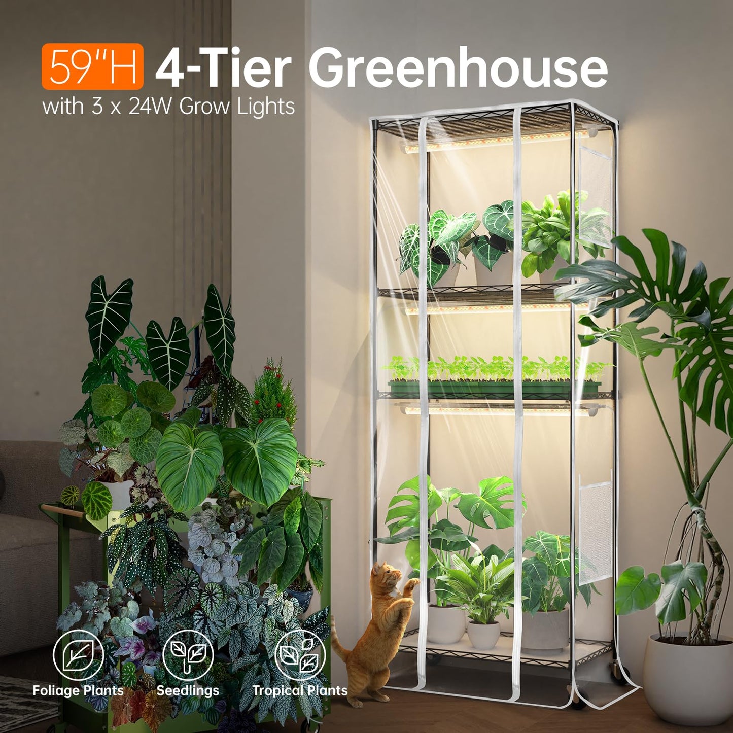 Bstrip Indoor Greenhouse with Grow Light, 23.5"x13.8"x59" Portable Metal Greenhouse Shelves with T8 2FT Full Spectrum Grow Light & Timer, Adjustable Plant Stand for Indoor Plant, Spring Seed Starting