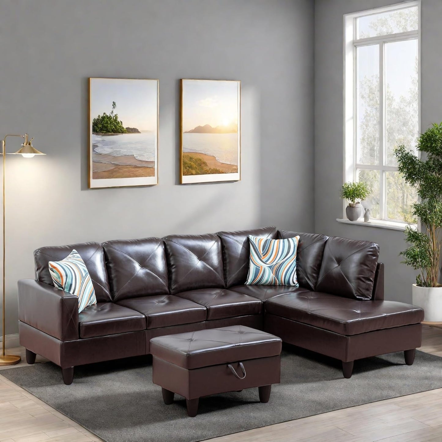 L Shaped Sectional Couches, Modern Modular Sectional Sofa for Living Room Bedroom Furniture, Cozy 4 Seat Couch with Ottoman Storage & Chaise, Brown