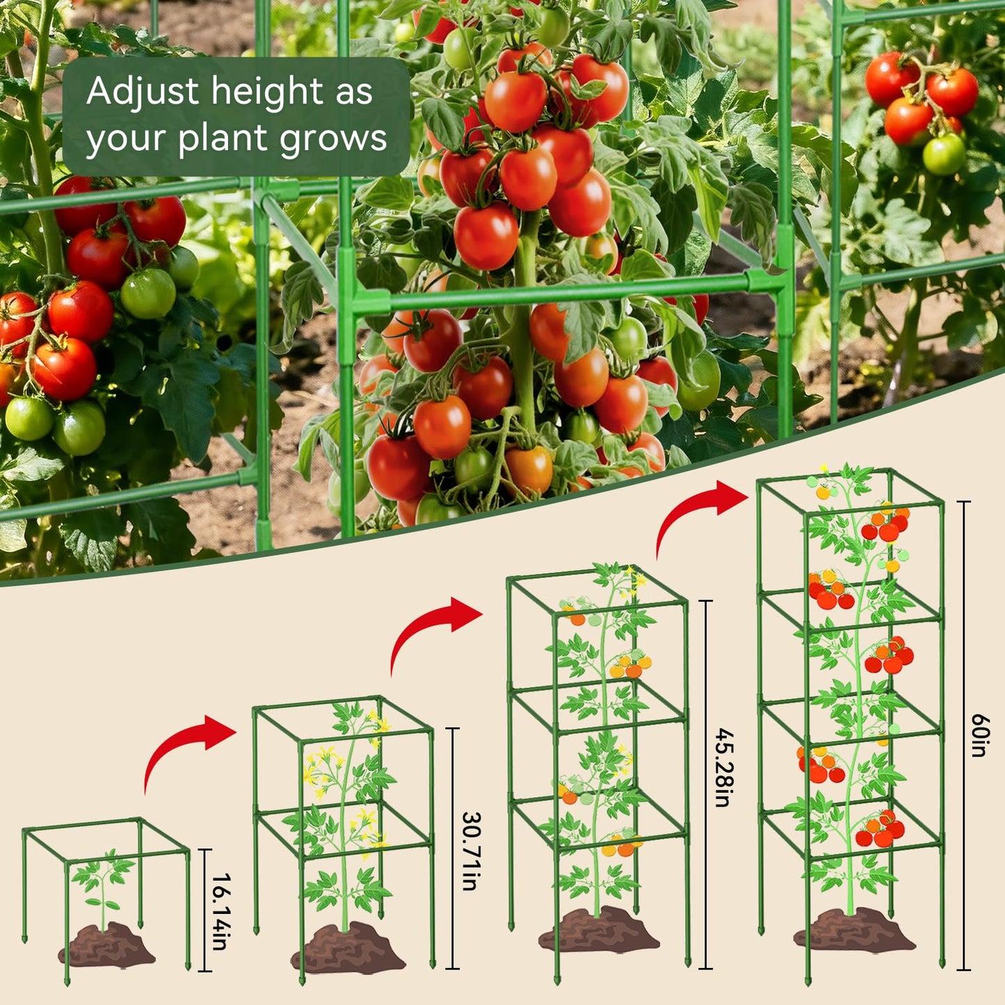 Halatool 2 Pack 60in Square Tomato Cages for Garden, Heavy Duty Adjustable Metal Tomato Trellis for Climbing Plants – Green Plant Support Stakes for Vegetables Flowers Fruits & Raised Bed Outdoor