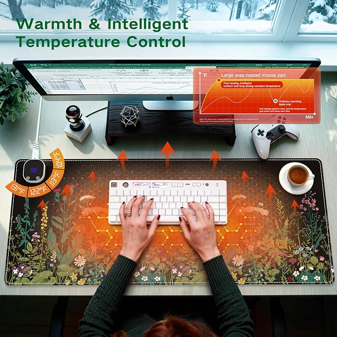 iCasso Heated Mouse Pad, XL Big Aesthetic Desk Pad with 4 Heating Levels & 4 Auto Shut-Off Levels for Computer Keyboard, 31.5" x 13" Large Safe Desk Mat Hand Warmer for Home Office Work (Weeds)