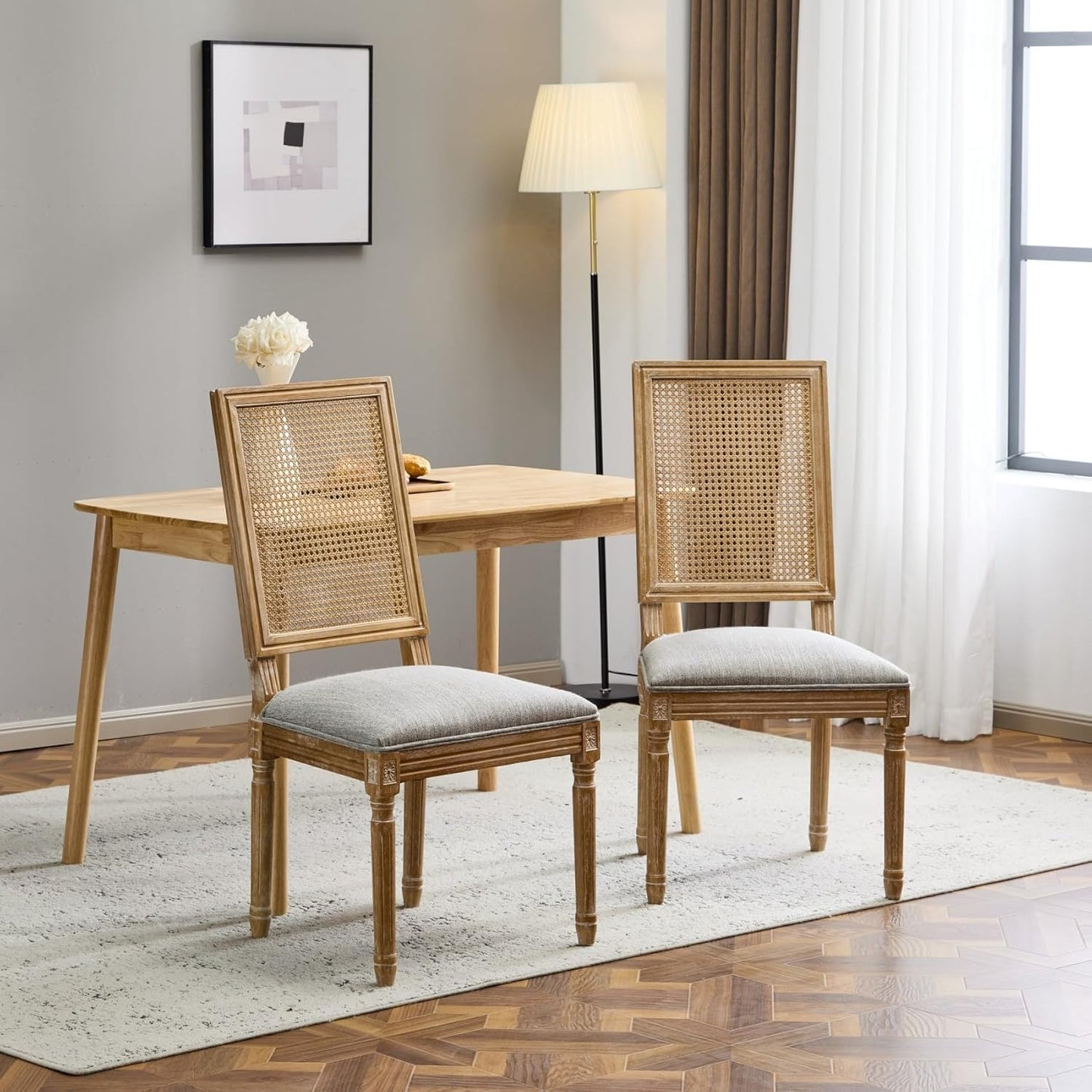 Merax Upholstered Solid Wood Dining Chairs Set of 2, French Country Style Accent Side Seating Furniture for Kitchen, Living Room, Wicker Back, Grayish Green