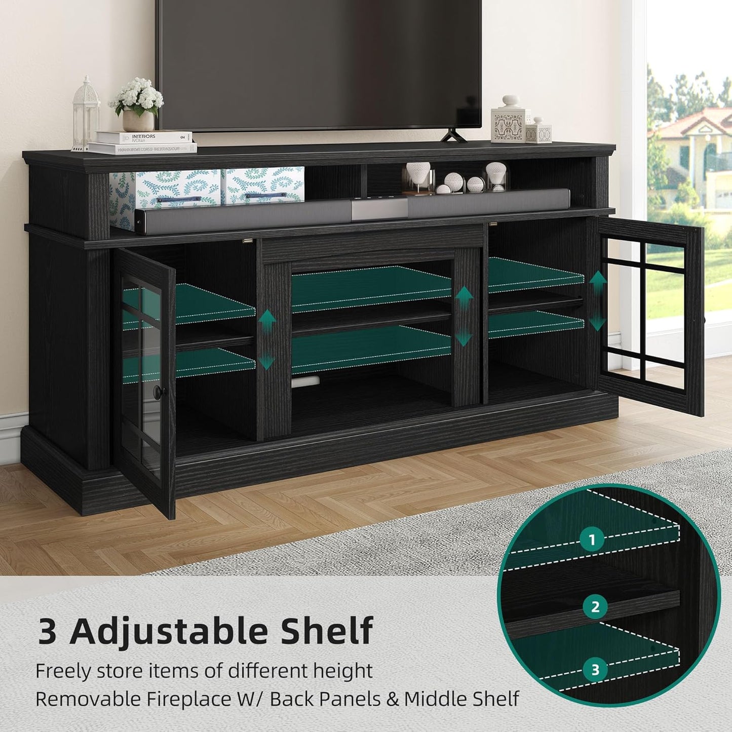 YITAHOME Black TV Stand for 75 Inch TV, LED Modern Entertainment Center with Adjustable Shelves and Glass Doors, 32'' Tall Television Stands TV Media Console Table for Living Room, Black