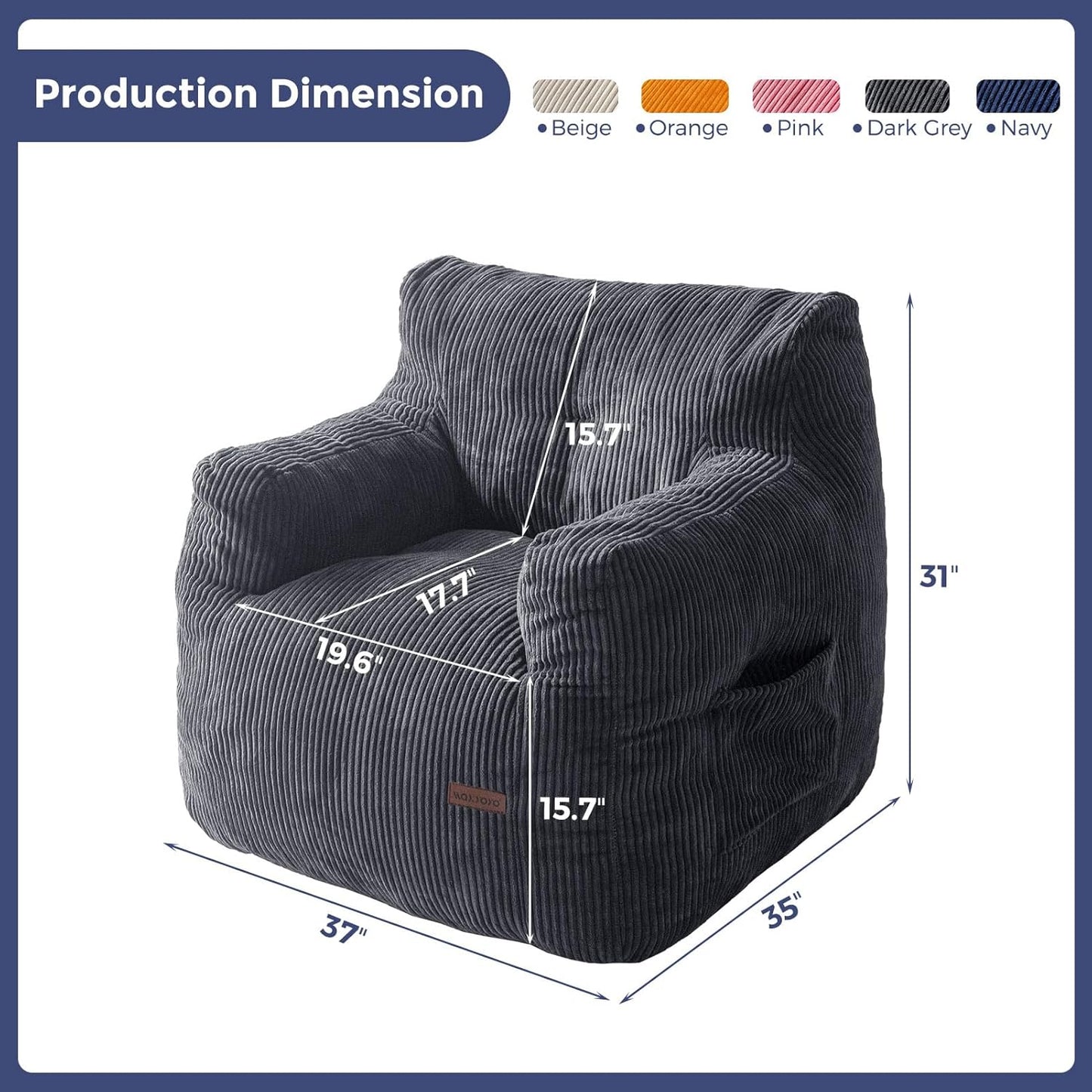MAXYOYO Bean Bag Chair, Tufted Bean Bag Couch Lazy Chair, Living Room Sofa Couch with Filler for Adult Teens Kids, Corded Fabric Accent Sofa for Bedroom Dorm, Dark Grey