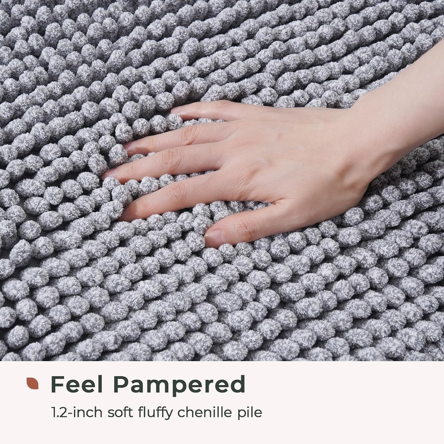 FRESHMINT Chenille Bathroom Rugs Mat 24"x17", Non-Slip Bath Mat for Bathroom Floor & Bathtub, Washable Shower Shag Bath Rugs, Soft Fluffy Thick Water Absorbent Microfiber Shower Mat, Gray Heather