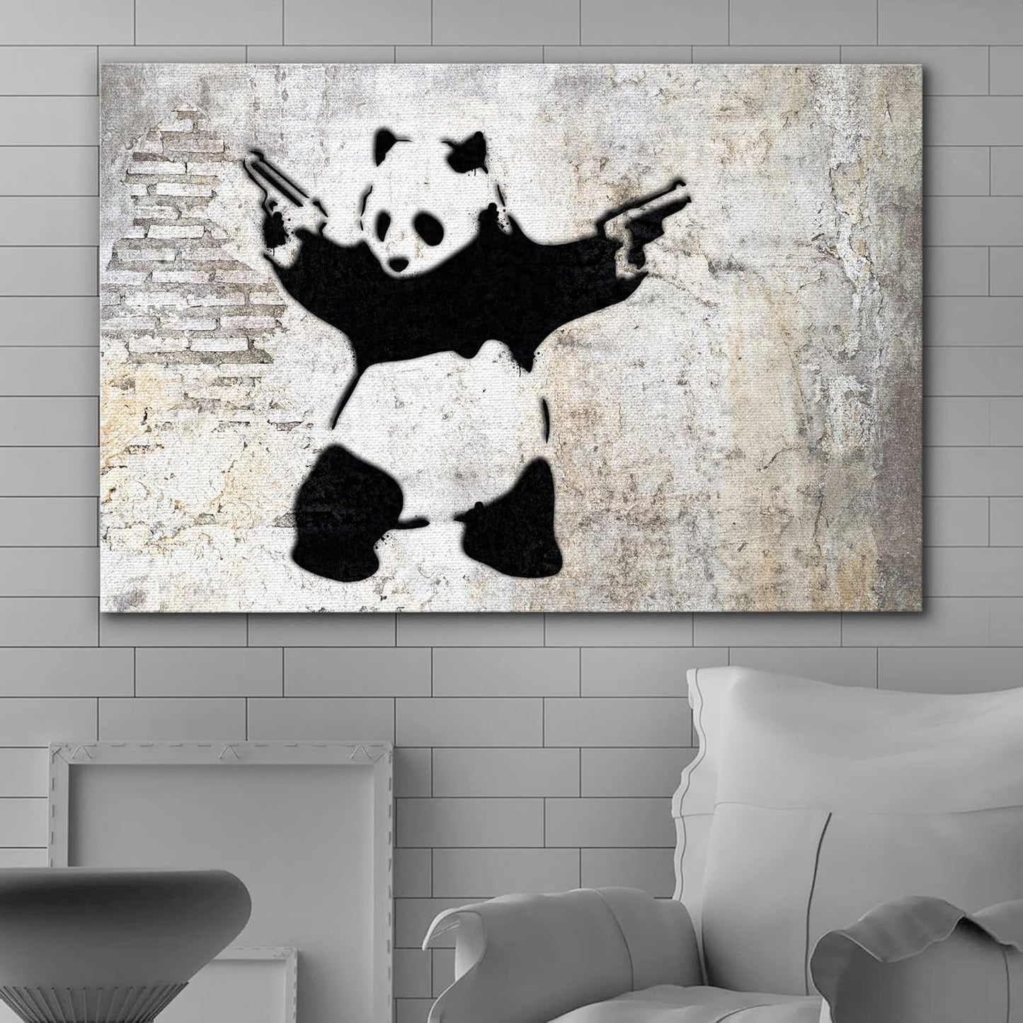 wall26 Canvas Print Wall Art Banksy Panda with Handguns on Wall Cities Animals Digital Art Modern Art Chic Scenic Expressive Dark Black and White for Living Room, Bedroom, Office - 12"x18"