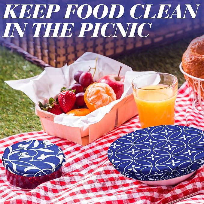 Patelai 10 Pcs Bowl Covers Reusable in 5 Size Stretch Cloth Fabric Elastic Food Storage Bowl Covers Bread Sourdough Lids for Proofing Food Fruits Leftover(Blue White,Stylish Style)