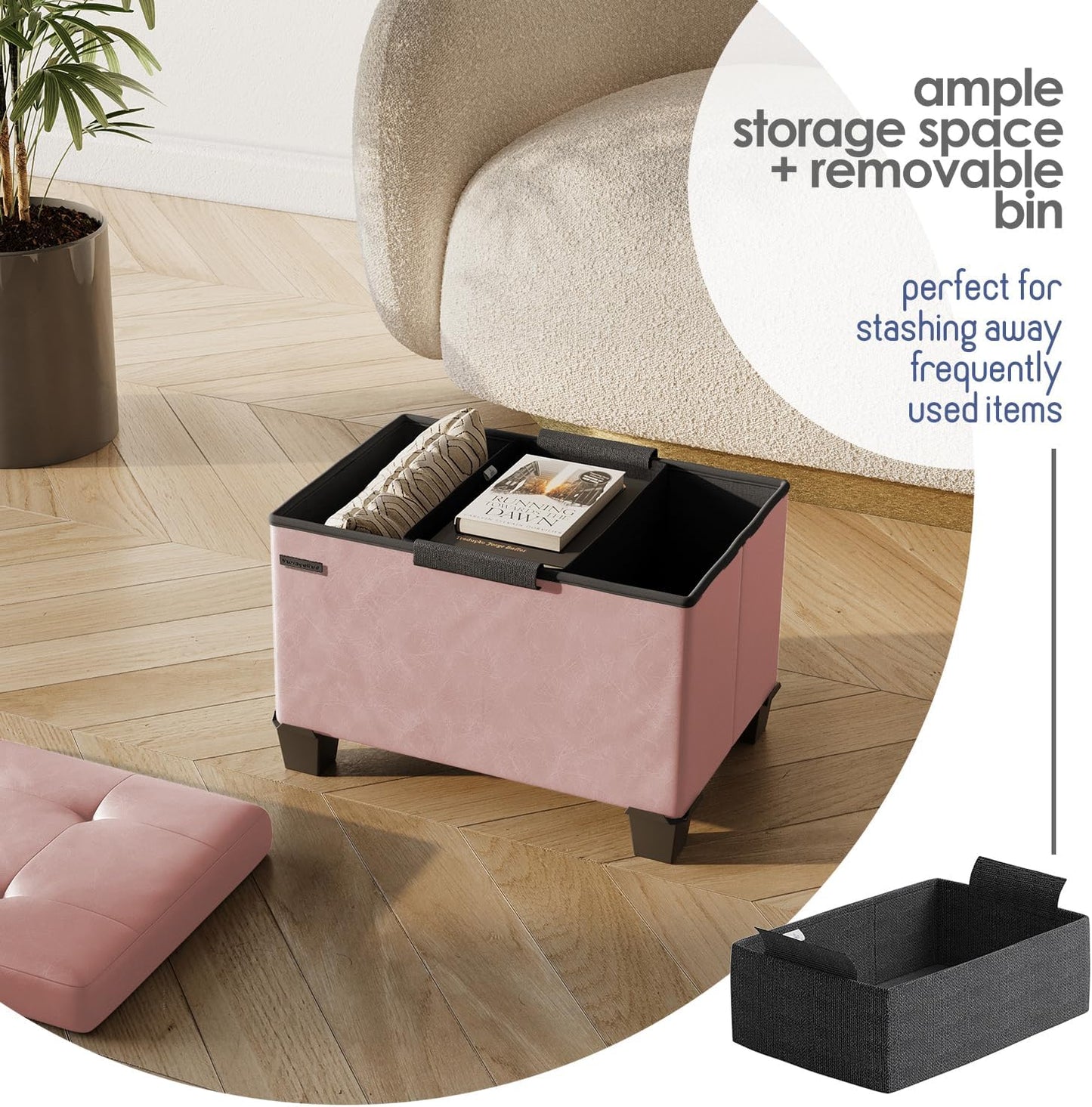 STORAGEBUD Storage Ottoman Cube with Small Bin, 16-in Square Ottoman with Storage for Living Room and Bedroom, Small Ottomans Foot Rest, Faux Leather Foot Stools Ottomans Max 330lbs, Pink