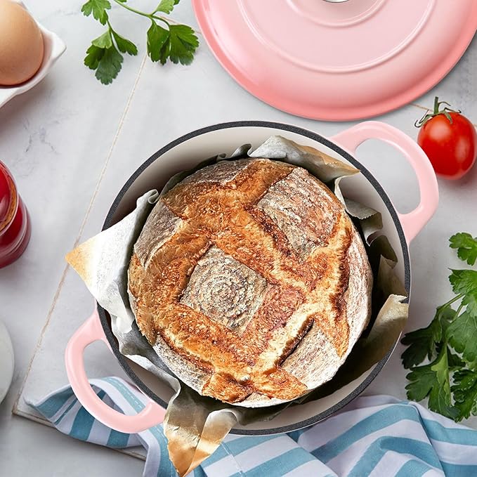 TeamFar Enameled Cast Iron Dutch Oven - 3QT Small Dutch Oven Pot with Lid - Heavy Duty Cast Iron Pot Cookware for Bread Baking, Braising, Stewing, Roasting, Pink