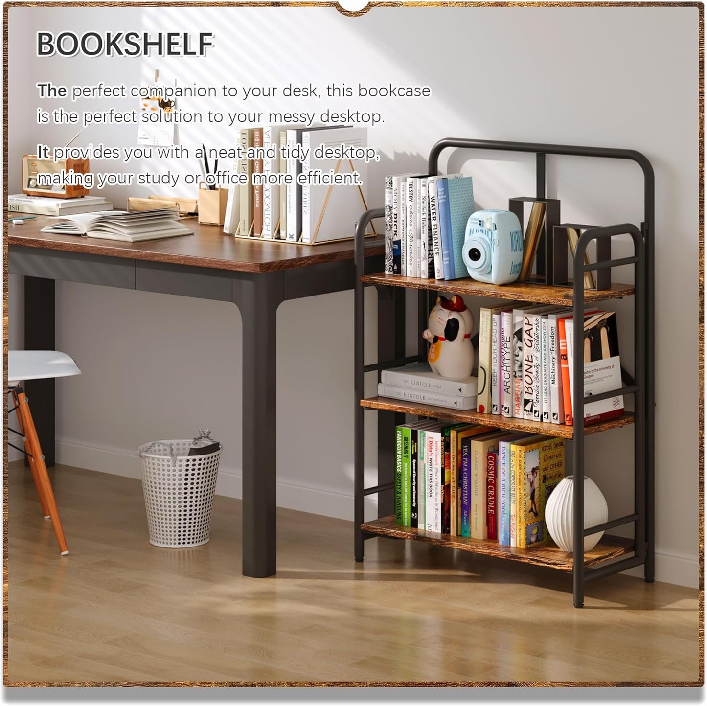 4NM No Assembly Folding Bookshelf 3 Tiers Vintage Industrial Black Book Shelf Metal Foldable Storage Bookcase and Bookshelves for Living Room,Bedroom and Kitchen - Rustic Brown