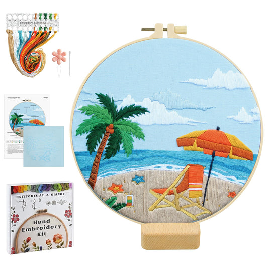 ElasignShopo Ocean Embroidery Kit for Beginners Adults, Easy Cross Stitch Kit Spring Summer Beach Ocean Pattern Embroidery Starter Kits with Wooden Hoop Needles Threads Display Stand and Instruction