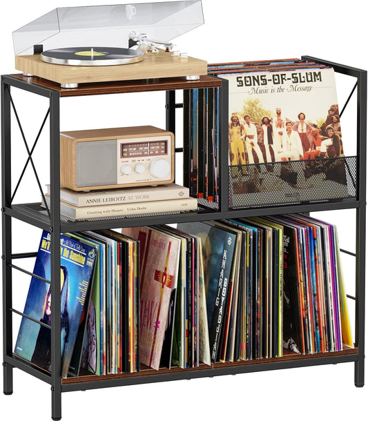 Snughome Large Vinyl Record Player Stand, Holds Up to 300 Albums, Wooden Record Display Table with 3 Adjustable Divider for Turntable Stand, Large Record Player Table Vinyl Album Storage