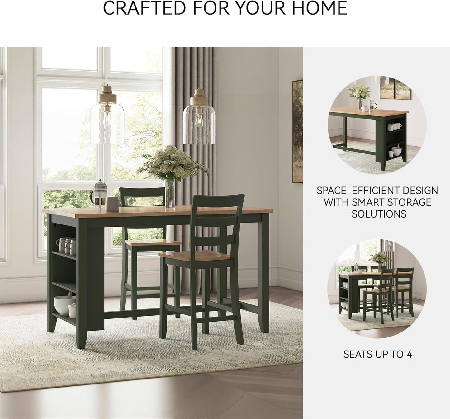 Signature Design by Ashley Gesthaven Modern Counter Height Dining Table with 3 Shelves and Trestle Base, Light Brown & Green