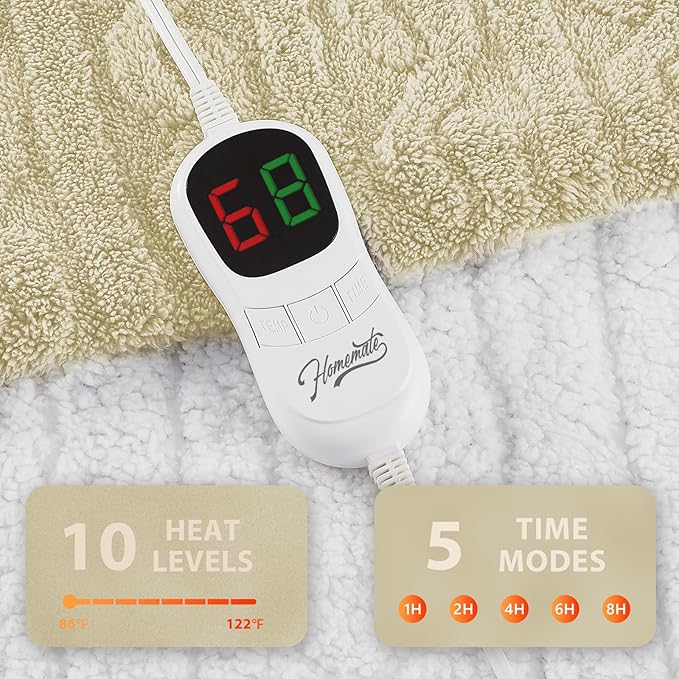 Homemate Electric Heated Blanket Twin - 62"x84" Heating Bed Blankets Throw with 10 Heating Levels 8 Hours Auto Off Fast Heating Over-Heated Protection Ultra Soft Warm Flannel ETL Certified