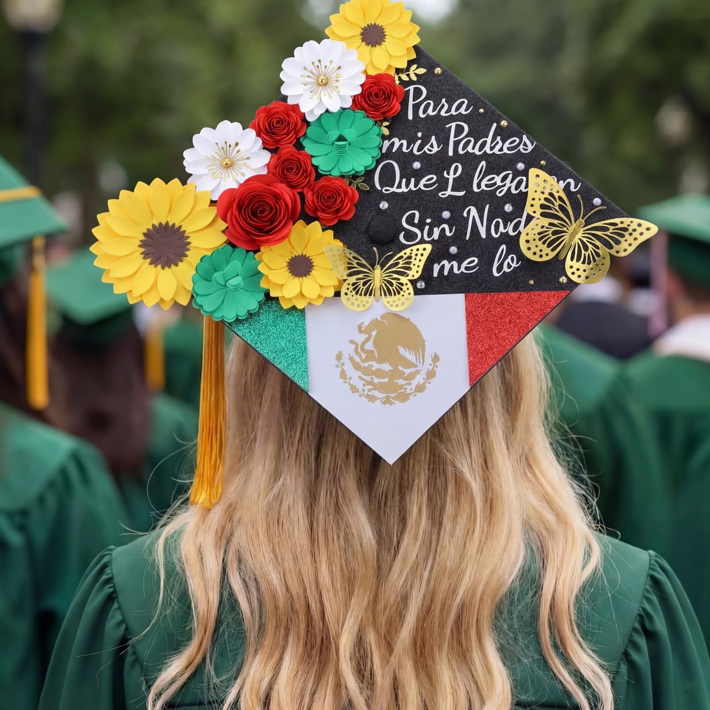 Gersoniel 44 Pcs DIY Graduation Cap Decorations Kit 2026 Mexican Graduation Stole Sash Flower Heads 3D Butterfly Stickers Glitter Rhinestones Pearl Stickers Alphabet Letter Number Grad Cap Topper Gift