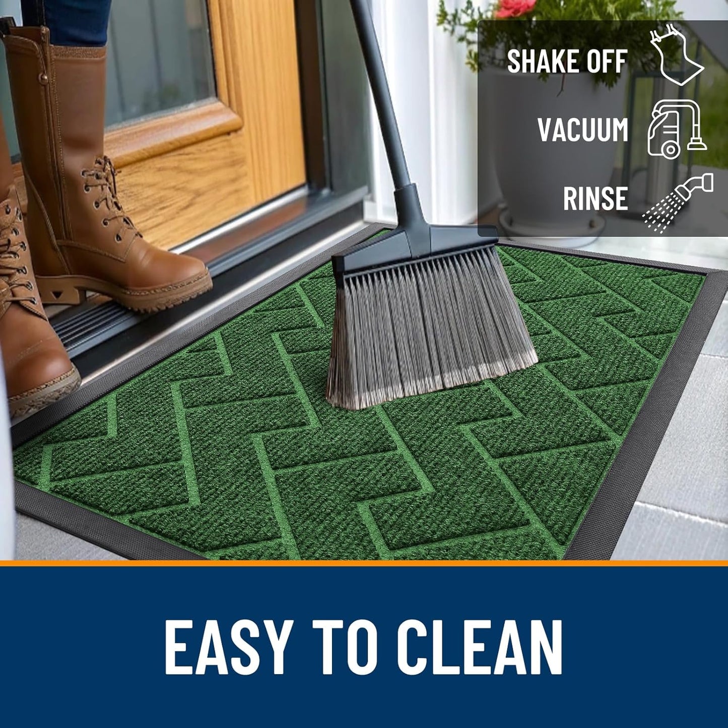 OLANLY Front Door Mat Indoor Outdoor Entrance, Waterproof All-Season, All-Weather Doormat, Sturdy Natural Rubber, Low Profile, Easy Clean Patio Porch Entryway Mat, Herringbone Brick (Green, 71x47)