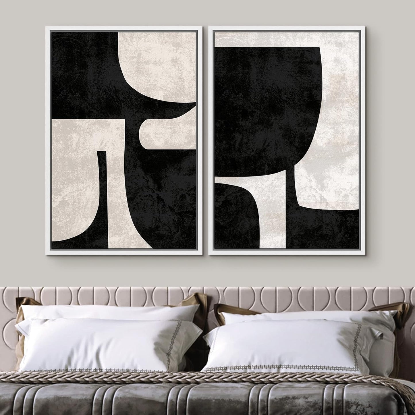 SIGNWIN Framed Canvas Print Wall Art Set Mid-Century Black Polygon Variety Abstract Shapes Illustrations Modern Art Decorative Contemporary for Living Room, Bedroom, Office - 16"x24"x2 White