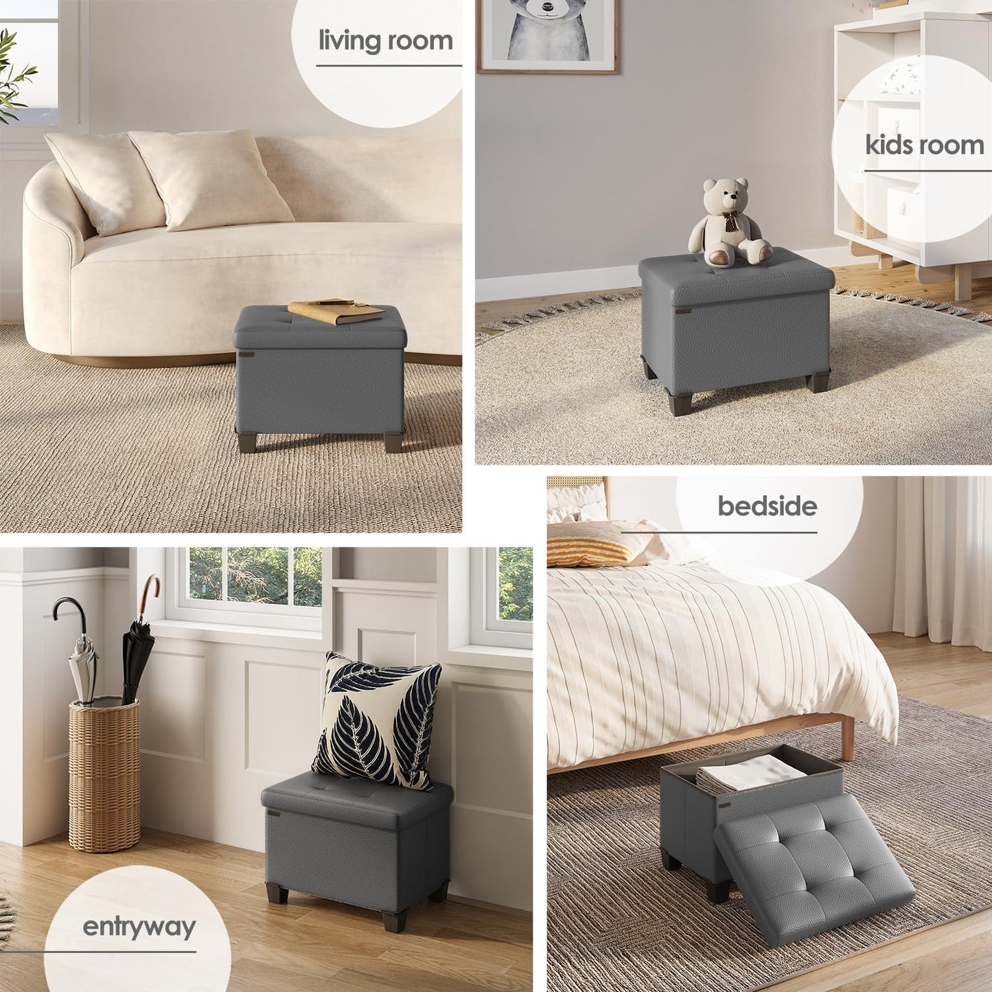 STORAGEBUD Storage Ottoman Cube with Small Bin, 16-in Square Ottoman with Storage for Living Room and Bedroom, Small Ottomans Foot Rest, Faux Leather Foot Stools Ottomans Max 330lbs, Grey