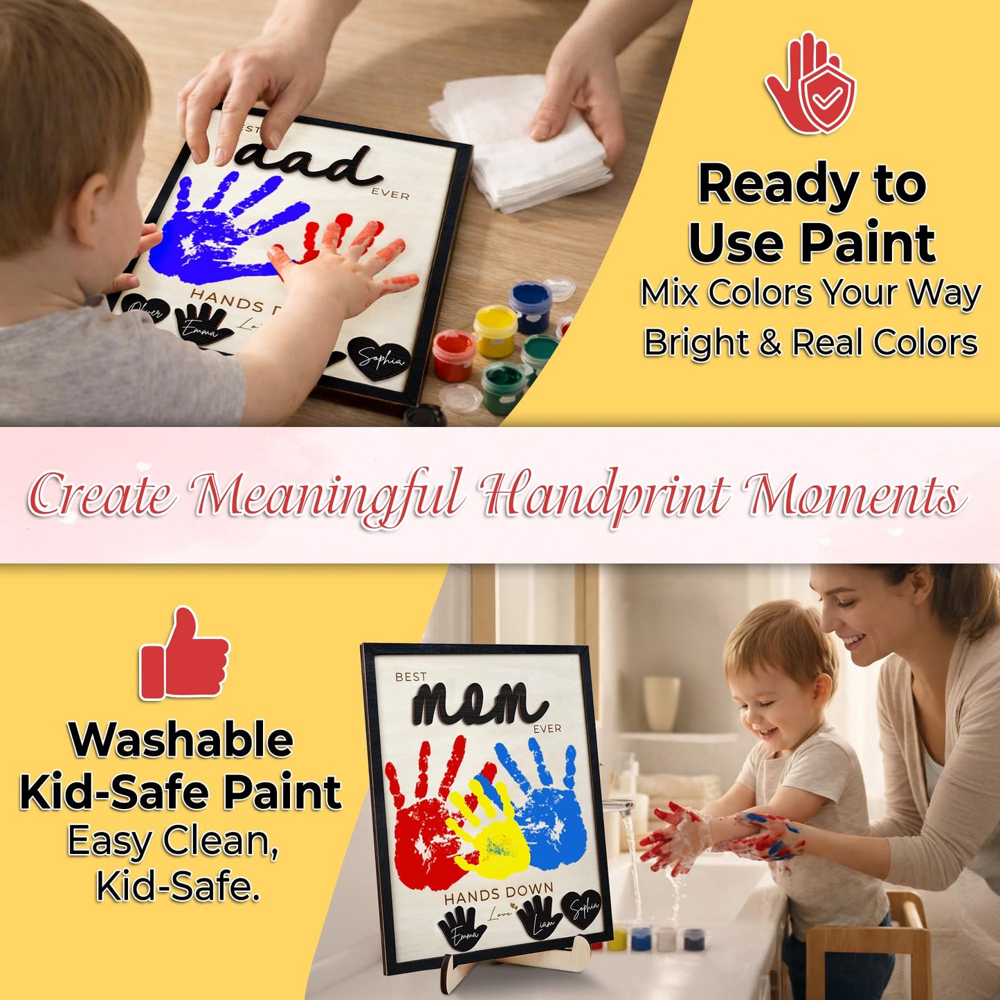 10" Hands Down Best Mom Ever Sign DIY Kids Gifts For Mom Handprint Kit with Acrylic Paints, Toddler Craft Birthday Gift Mother's Day Keepsake for Mum, Family Plaque with Daughter, Son Names HF90-M