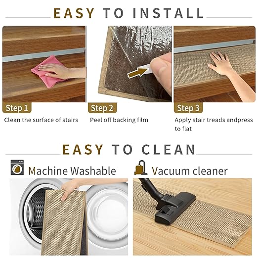 Stair Treads Non Slip for Wooden Steps Indoor 10" x 30" 15 Pack Extra Wide Stair Tread Carpet Stairs Runner, Step Pads with Reusable Adhesive for Dogs Kids Elders, Machine Washable, Beige
