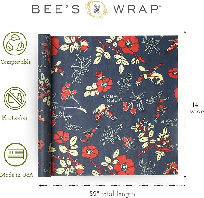 Bee's Wrap Beeswax Wraps for Food - Cut to Size 14x52" Wax Paper Roll - Made in USA Reusable Waxed Paper & Bowl Covers - Organic & Eco-Friendly Alternative to Aluminum Foil & Plastic Wrap, Botanical