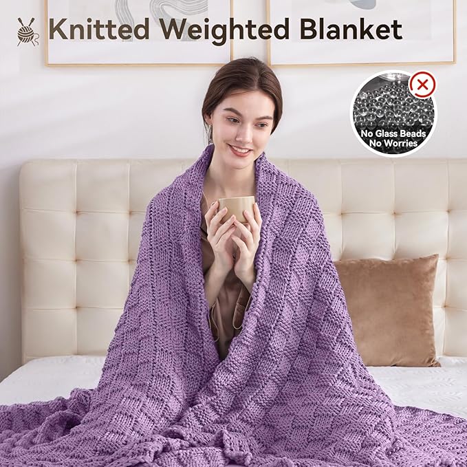Knitted Weighted Blanket Adult, No Beads Heavy Blanket 50” x 60'' 5lbs, Breathable Chunky Knit Blanket, Cooling Weighted Blanket for Hot Sleepers, Christmas Home Decor (Lilac)