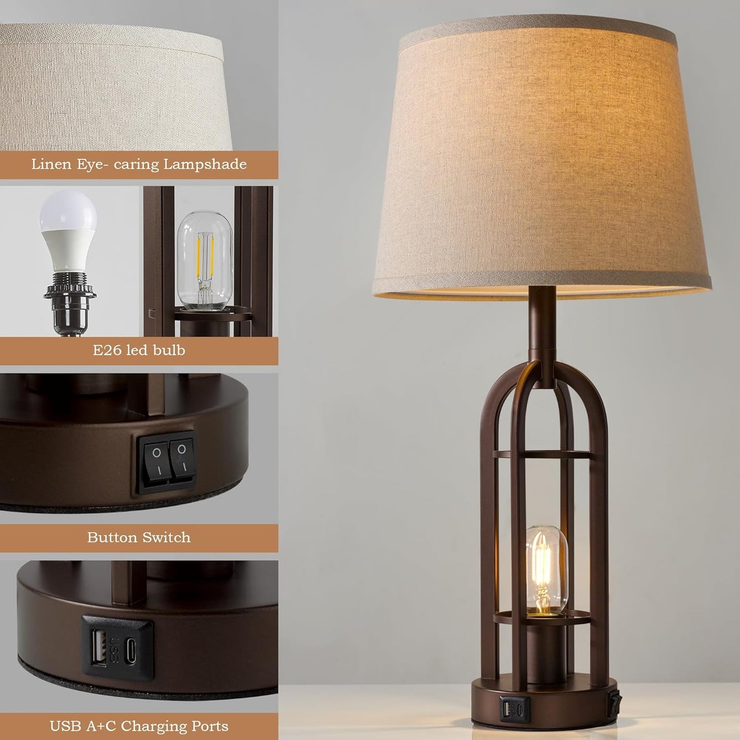 Table Lamps for Living Room End Table Set of 2 - Farmhouse Industrial Bedside Lamps for Bedroom Nightstand with Nightlight and USB A+C, 4 Bulbs Included