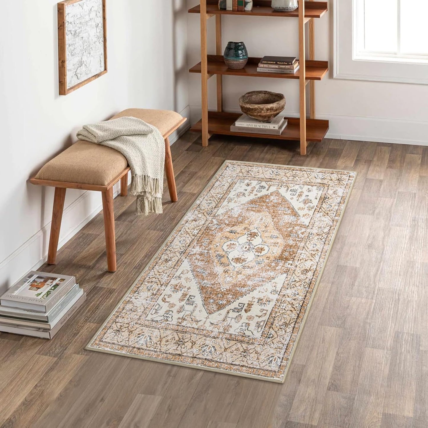 Lahome Boho 2x4 Rug Runner, Non-Slip Low-Pile Washable Kitchen Rugs Small Throw Bath Mat Runner, Oriental Accent Print Runners Area Runners for Hallway Bedroom Entryway Kitchen Living, Taupe