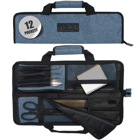 Asaya Chef Knife Roll Bag - 12-Pocket Chefs Case for Kitchen Knives and Utensils, Lightweight Stain-Resistant Waxed Nylon Chef Knife Bag - Knives Not Included (Blue)