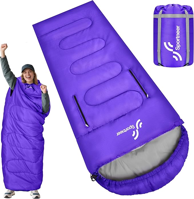 Sportneer 0 Degree Wearable Sleeping Bag for Adults & Kids – Walkable with Arm Zippers, Waterproof & Warm, Compact for Camping, Stadiums, Travel, Backpacking & Car Use