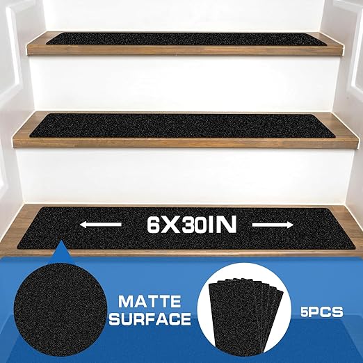 LadyRosian Outdoor Stair Treads Non Slip 5-Pack Black 6" x 30" - Weather Resistant Adhesive Heavy Grip Tape - Waterproof Anti Skid Strips