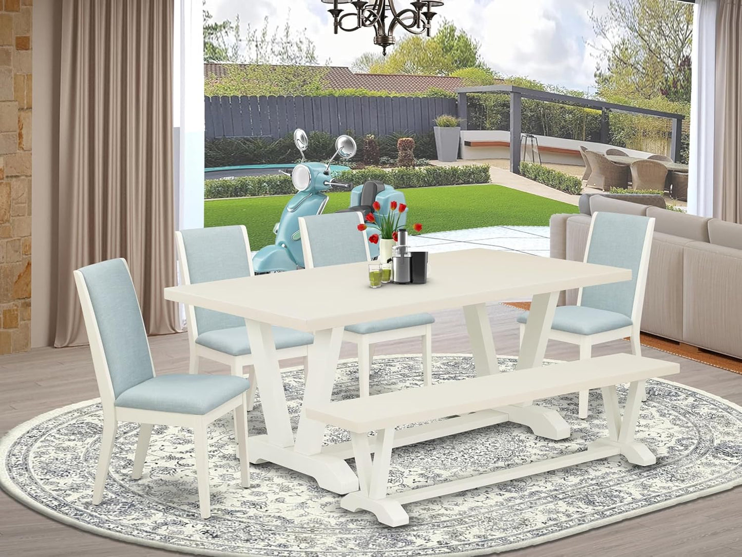 East West Furniture V027LA015-6 6 Piece Dining Room Set Contains a Rectangle Dining Table with V-Legs and 4 Baby Blue Linen Fabric Parson Chairs with a Bench, 40x72 Inch, Multi-Color
