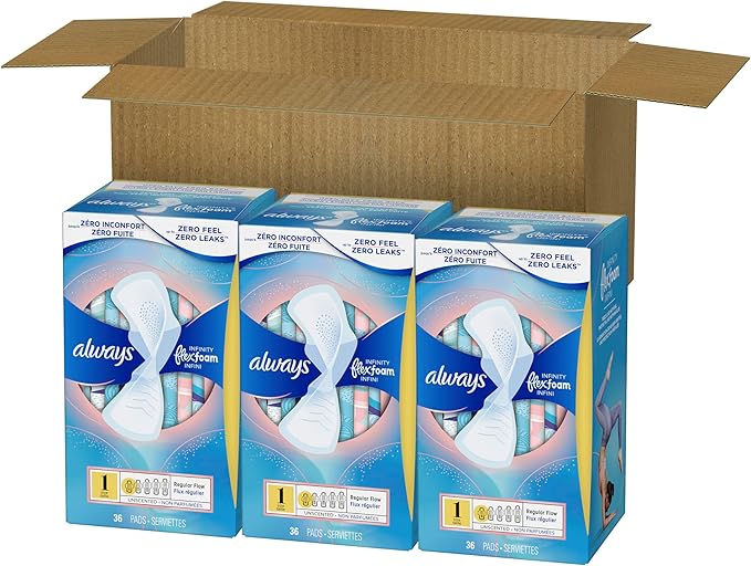 Always Infinity Feminine Pads for Women, Flexfoam Pads with Wings, Size 1, Regular Absorbency, Unscented, 108 Count (3 Packs of 36)