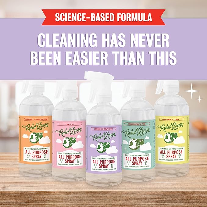Rebel Green Natural 16 oz All-Purpose Cleaning Spray with 64 oz Refill Bottle - Plant-Based Multi-Surface Cleaner for Kitchen, Bath, Countertops and More - Lavender & Grapefruit Scent
