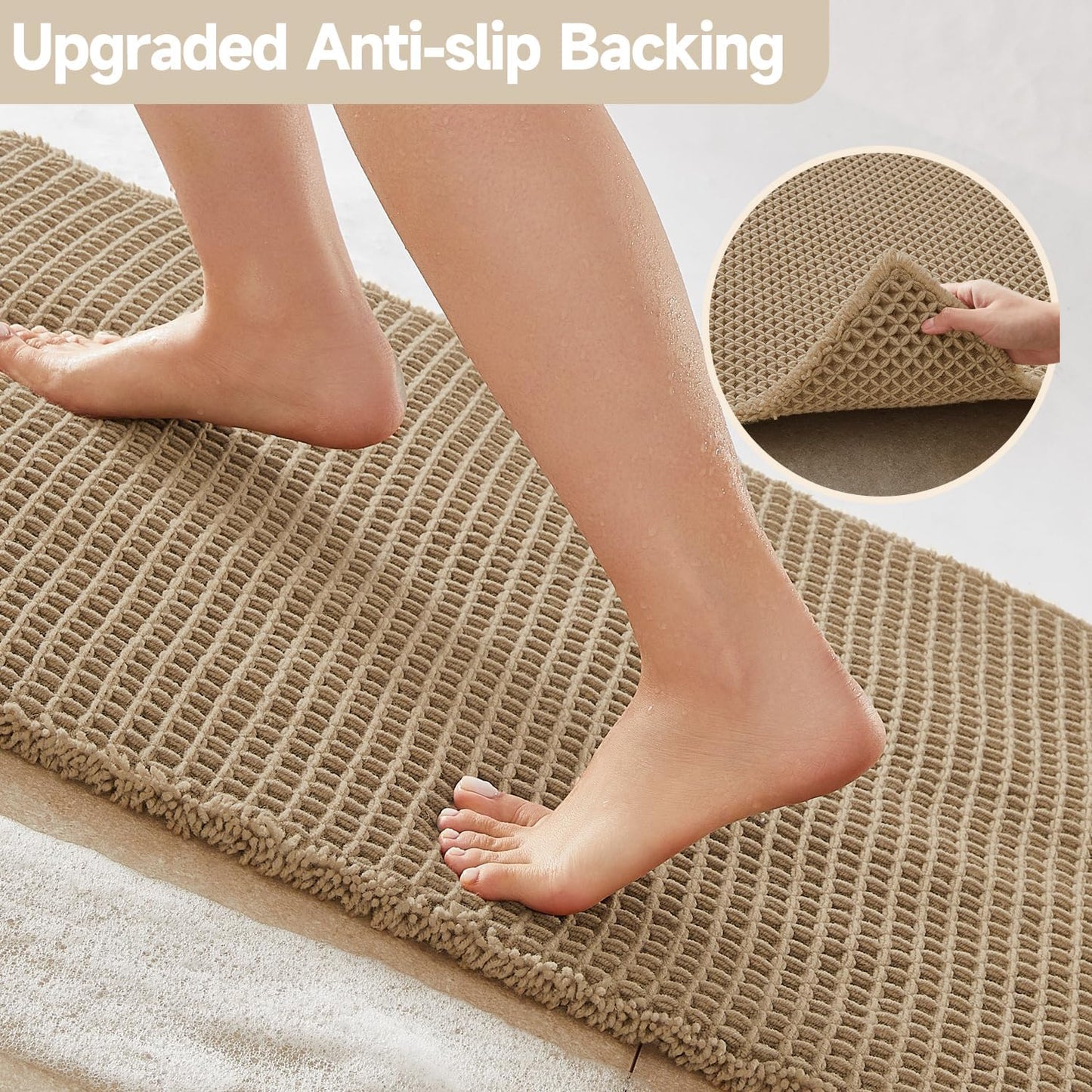 Waffle Bath Mat, Boho Bathroom Rugs Non Slip Washable Super Absorbent Quick Dry Farmhouse Bathroom Decor, 30"x20" Khaki