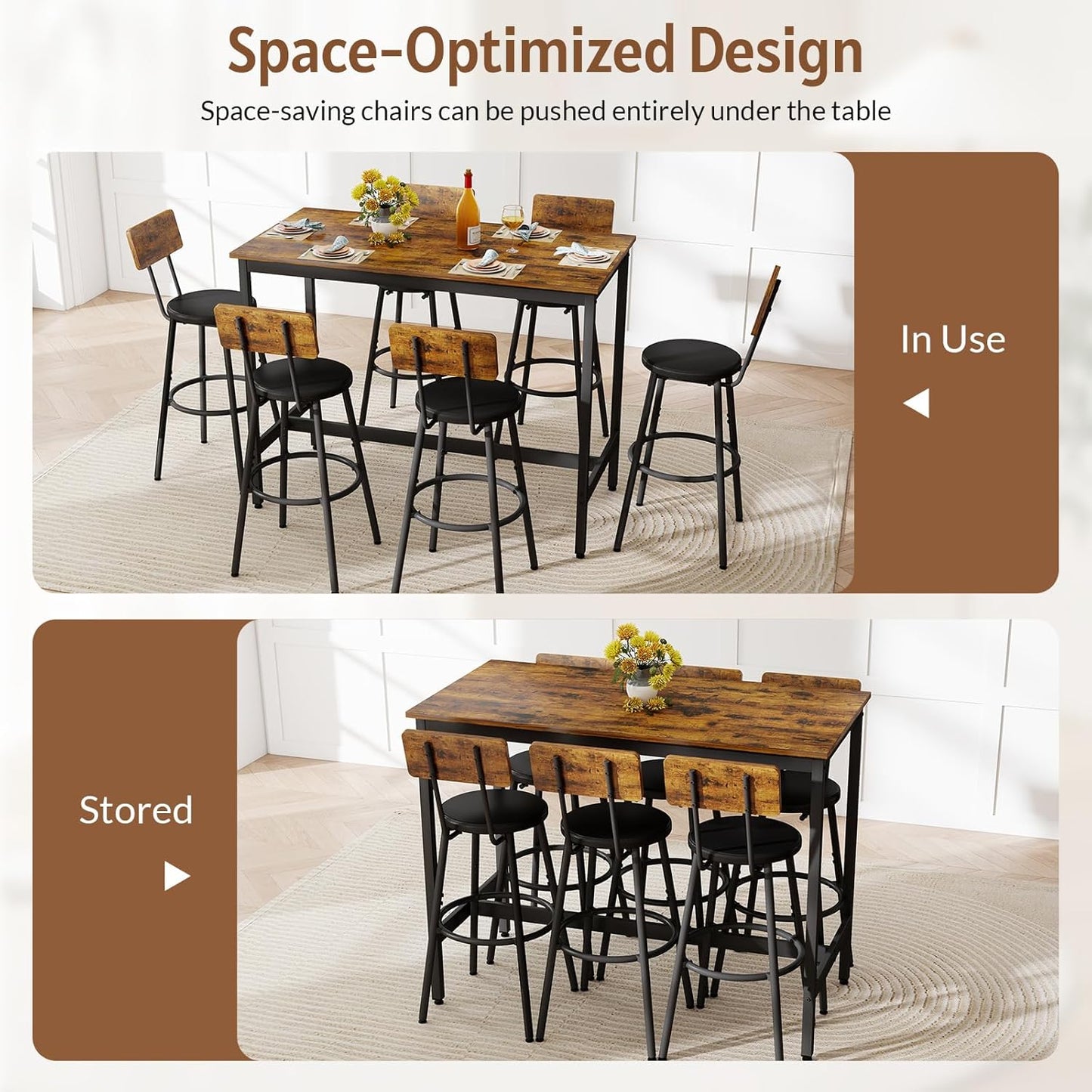 Rovibek Dining Table Set for 6, Bar Table and Chairs Set, Modern 6 Piece High Top Table and Chairs, Industrial Bar Height Pub Tables for Kitchen, Dining Room, Brown