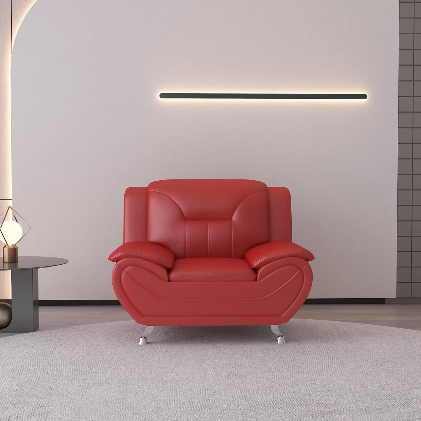 Container Furniture Direct Michael Modern Faux Leather Upholstered Stainless Steel Legs Living Room Sofa, Chair, Red