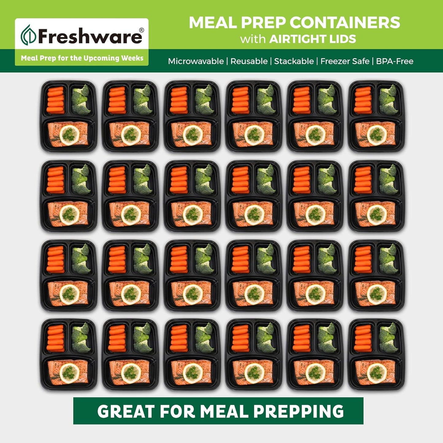 Freshware Meal Prep Containers [50 Pack] 3 Compartment Food Storage Containers with Lids, Bento Box, BPA Free, Stackable, Microwave/Dishwasher/Freezer Safe (24 oz) (Pack of 6)