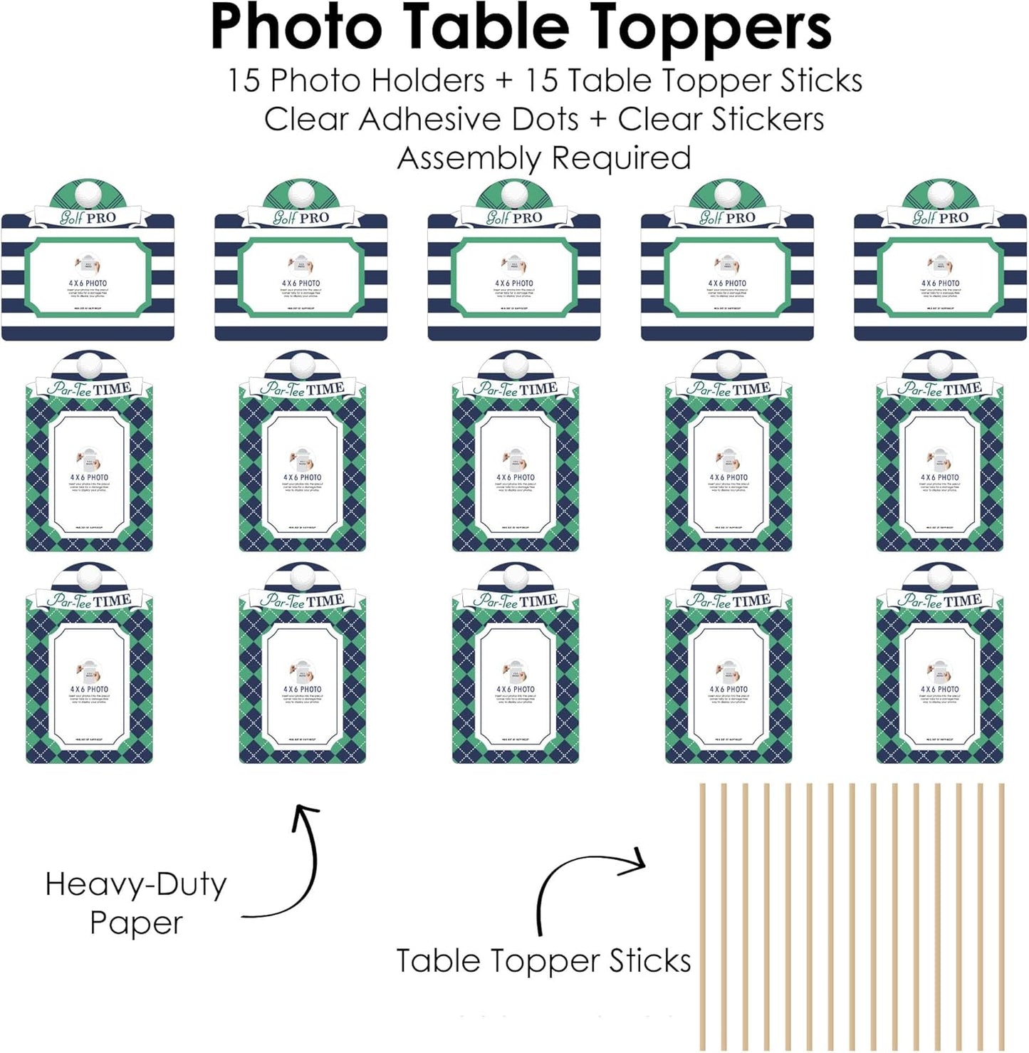 Big Dot of Happiness Par-Tee Time Golf Centerpiece Photo Display - 15 Double-Sided Picture Holders with Sticks, Birthday or Retirement Party Table Decor Kit, Vertical and Horizontal 4x6 Frames