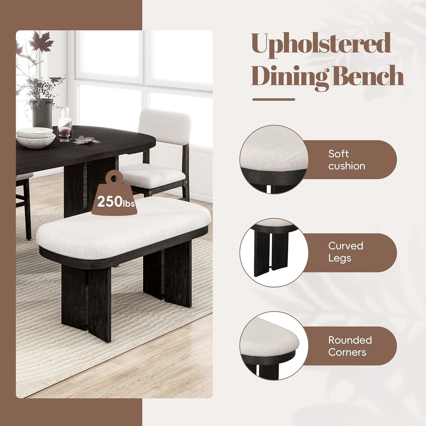 Merax Farmhouse Wooden Dining Set of 6, 65 Inch Rectangular Kitchen Table, Upholstered 4 Chairs with Backrest, Bench with Cushion, Easy Assemble, Espresso