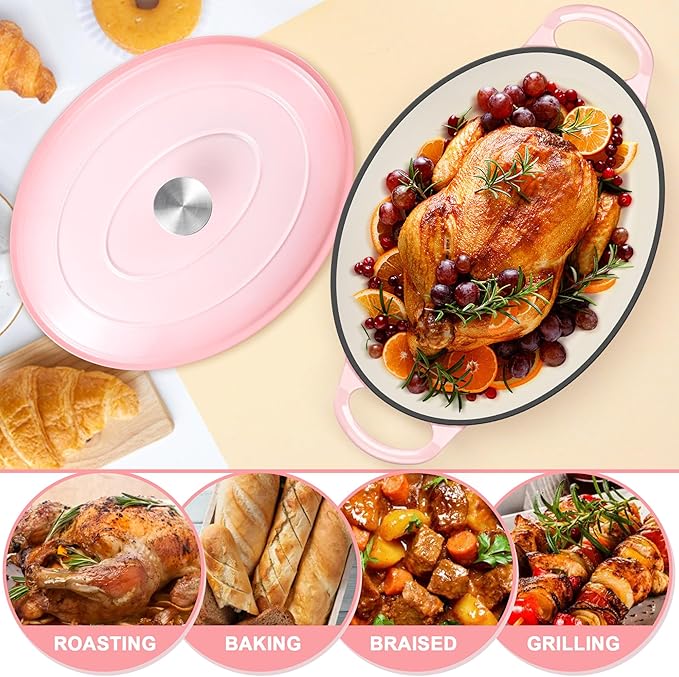 E-far 7QT Oval Dutch Oven Pot with Lid, Enameled Cast Iron Dutch Oven with Dual Handles, Heavy-Duty Cookware for Sourdough Bread Baking, Braising, Stews, Oven Safe & Easy Clean, Pink