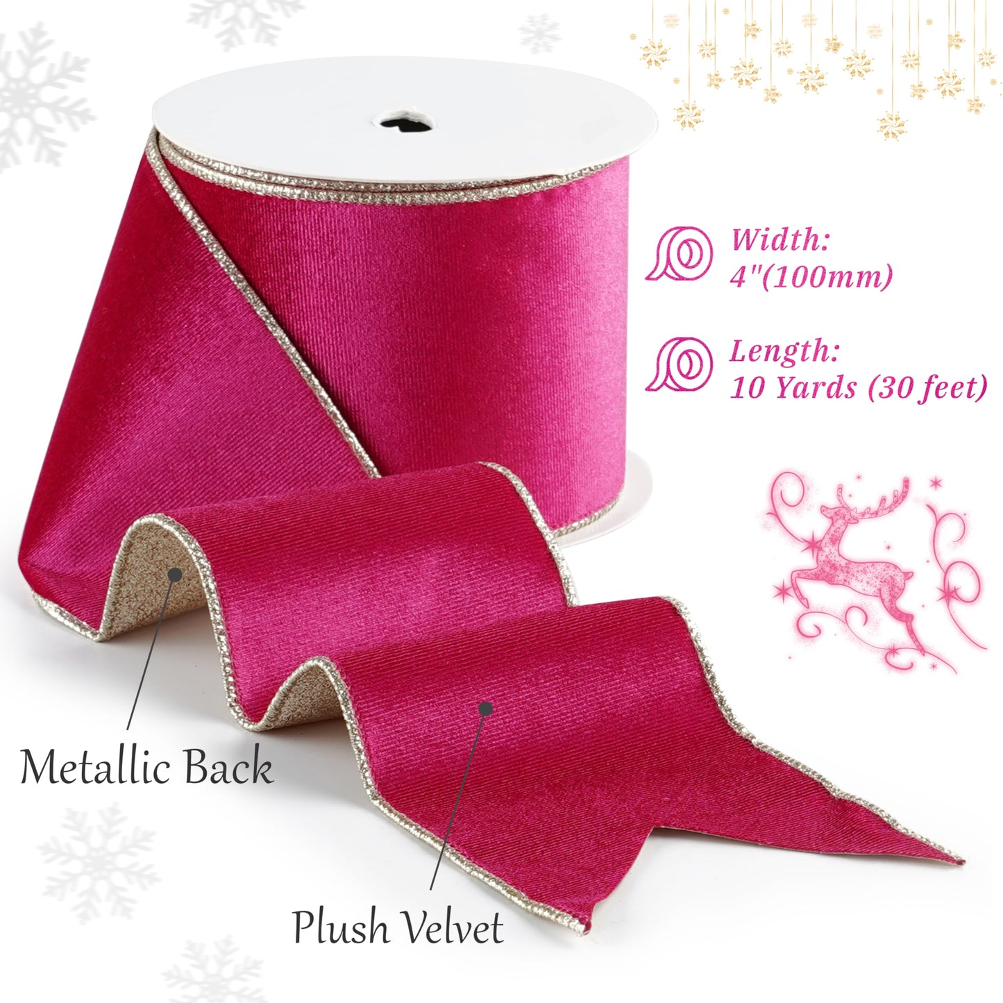 LIZLOVESS Hot Pink Velvet Wired Ribbon with Glitter Back 4 Inch Pink and Gold Christmas Ribbon Wired Fuschia Ribbon for Christmas Tree Decorations, Gift Wrapping, Wreaths Supplies, Bows (10 Yards)