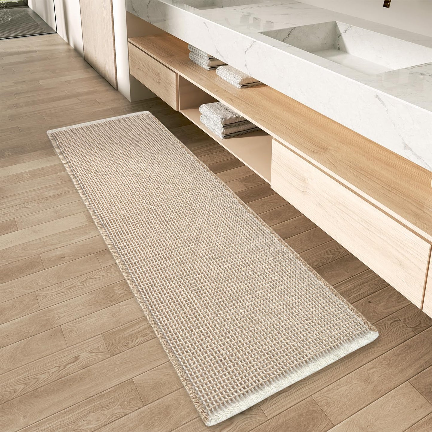 AMOAMI Upgraded Waffle Runner Rug Super Absorbent Non Slip Bath Mats for Bathroom Machine Washable Bathroom Runner Rug with Tassels, Ideal for Hallway Bedroom Laundry Room, 17" x 48", Brown & Cream