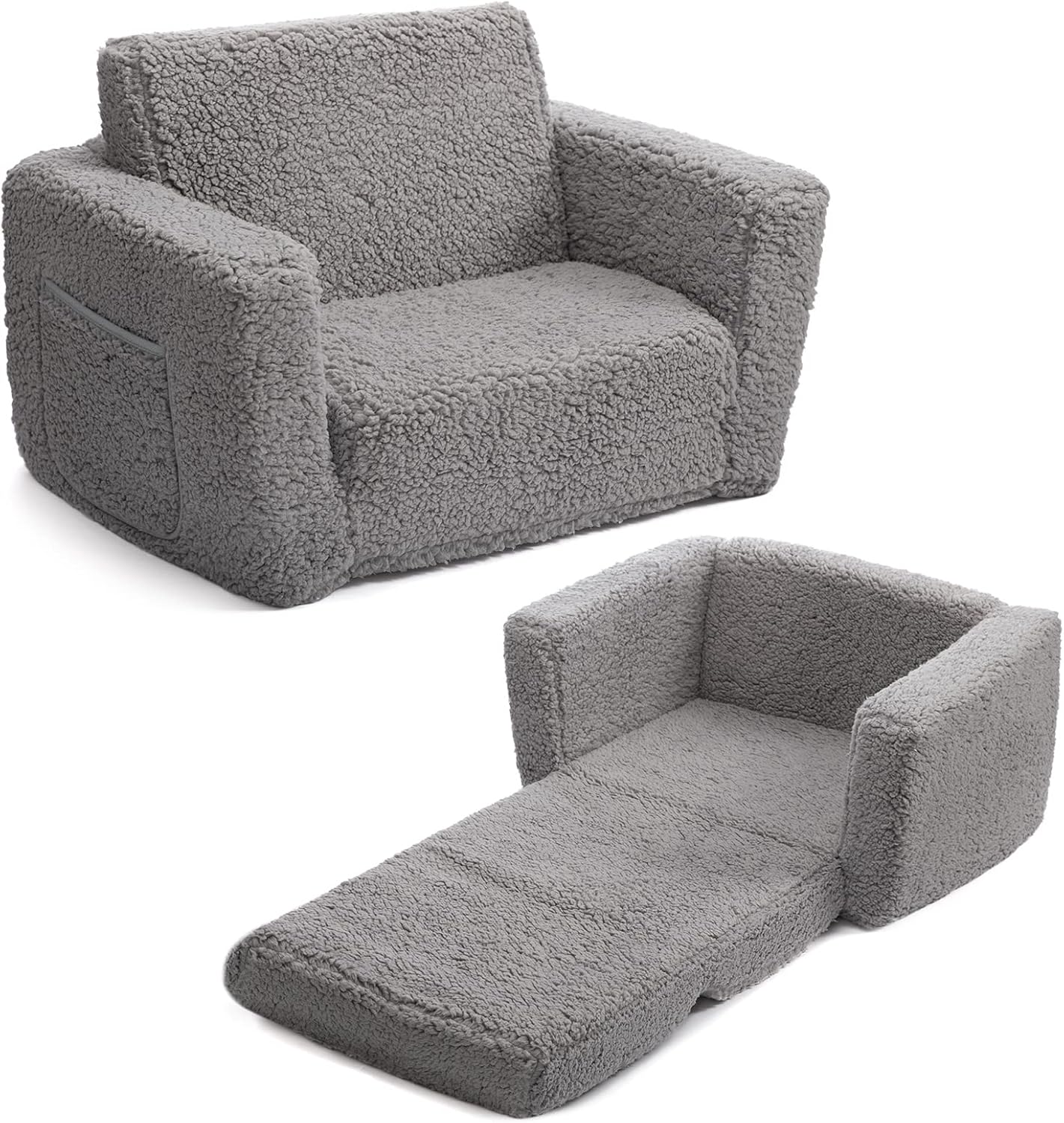 ALIMORDEN 2-in-1 Flip Out Cuddly Sherpa Toddler Couch, Convertible Sofa to Lounger, Grey